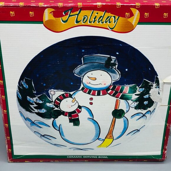 Holiday Ceramic Serving Bowl Snowmen World Bazar Christmas 12" Width READ - Picture 7 of 8